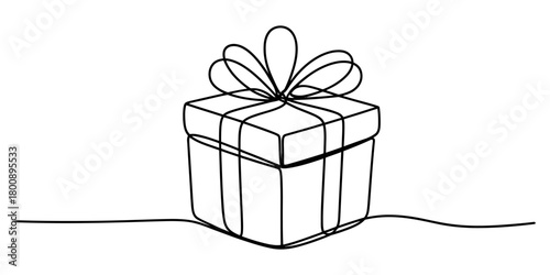 Continuous line art drawing of a gift box with a bow, ideal for festive holiday, birthday, anniversary and celebration occasions