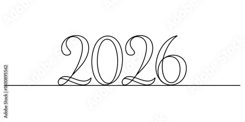 Two thousand twenty-six year single continuous line drawing art, elegant minimalist design for calendar, events, greeting cards, new year celebration, and future concepts