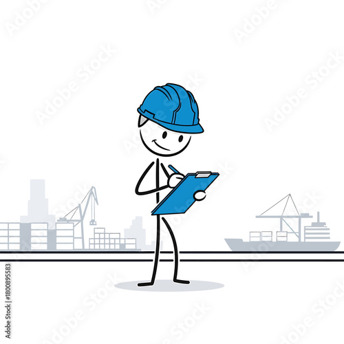 Stick Figure Worker in Hard Hat Inspecting Port with Clipboard.