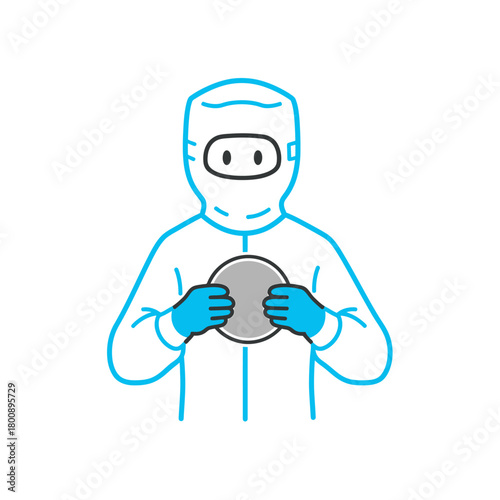 Illustration of a worker in cleanroom suit holding wafer.