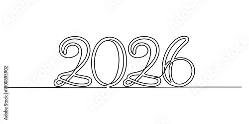 Continuous one line drawing of number 2026 on a white background, representing future, new year, and time concept in elegant artistic style.