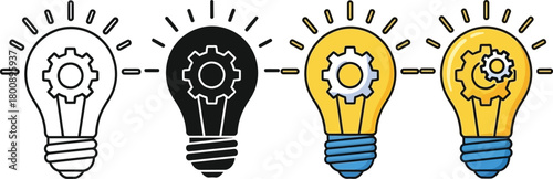 Bulb Gears Icon Set, Outline, Black, Yellow, Blue Color Isolated on White Background