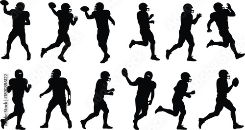 Set of American football player silhouettes in action poses, running, throwing, catching ball, sports athlete vector collection for game, training, competition design