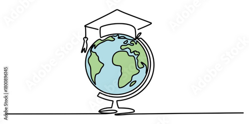Continuous line drawing of a world globe with a graduation cap, symbolizing global education, international learning, and academic achievement.