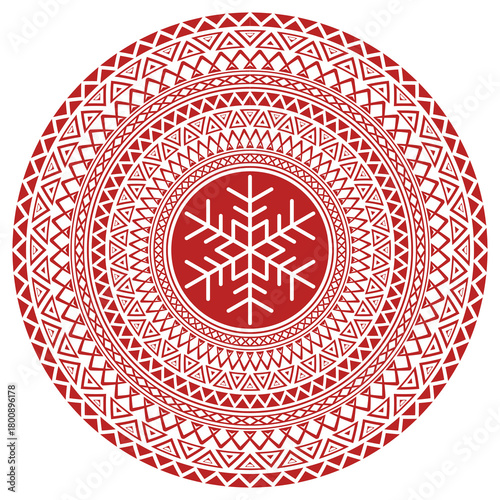 Round winter design element, geometric ornament and snowflake, festive vector background, isolated on white