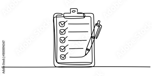 Continuous line art illustration of a coffee cup with botanical sprig, an open book, and a classic feather quill pen for creative inspiration.