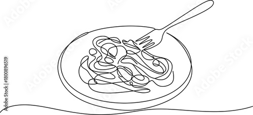 Continuous line art drawing of spaghetti with tomato sauce on a plate with a fork, depicting italian cuisine, minimalism, and dining