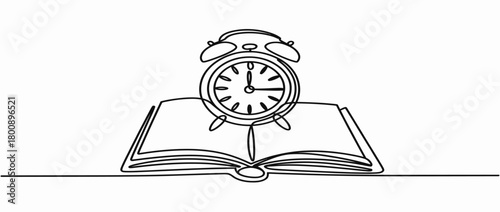 Continuous one line drawing of an alarm clock on an open book, symbolizing education, knowledge, and the importance of time management for learning and study