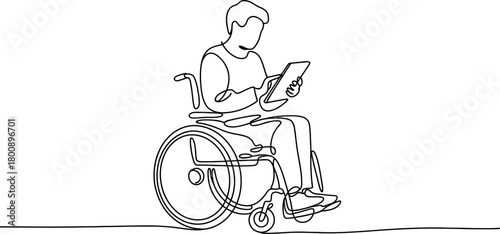 Continuous line art drawing of a person in a wheelchair actively engaged with a tablet computer, showcasing digital connectivity and inclusion.
