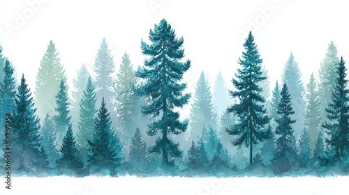Serene Watercolor Forest Landscape in Teal and Green Tones with Snowflakes on White Background
