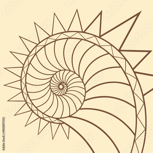 Abstract spiral design with triangular spikes, creating a mesmerizing pattern reminiscent of a nautilus shell, isolated on, in a minimalist line art style