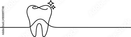 Continuous line drawing of a sparkling, healthy tooth on a clean background, symbolizing dental hygiene, oral care, and a fresh smile