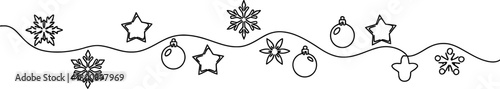 Continuous line art illustration of winter holiday festive decorations, featuring stylized snowflakes, stars, and christmas baubles on white.