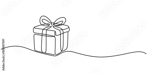 Continuous one line drawing of a minimalist gift box with a ribbon bow, symbolizing celebration, gifting, and special occasion surprise