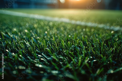 Vibrant Green Grass Close Up with Dew Drops Shimmering in Golden Sunlight on a Blurred Background on Soccer Field