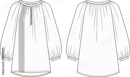 Loose-fit women’s blouse technical flat sketch with gathered neckline, long puff sleeves, cuff details, pleated front panel, minimalist fashion design illustration