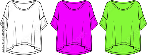Loose-fit women’s T-shirt illustration, casual oversized top design, fashion vector template showing blank, magenta, and green color variations for apparel designers.
