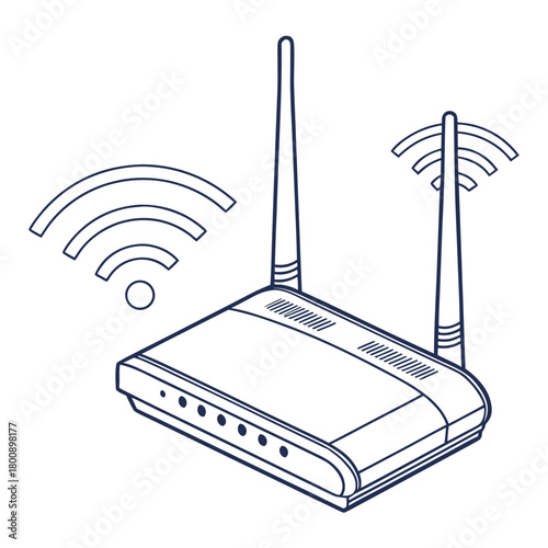 A detailed line art illustration of a wireless router with antennas emitting wifi signals, isolated on, representing connectivity and modern technology