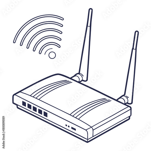 A detailed line art illustration of a wireless router with antennas emitting wifi signals, isolated on, representing connectivity and modern technology