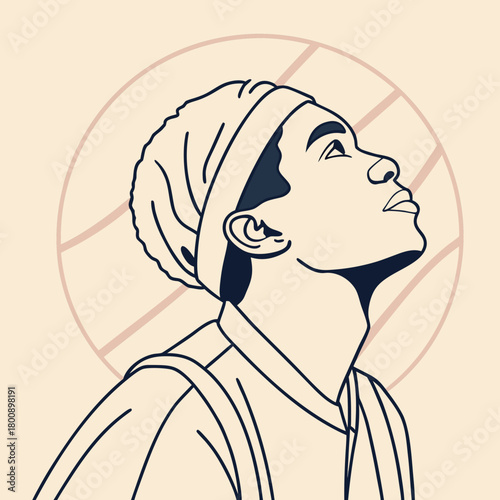 A minimalist line art illustration of a young person with a head covering looking up towards the sky, isolated on the artwork has a clean and modern aesthetic
