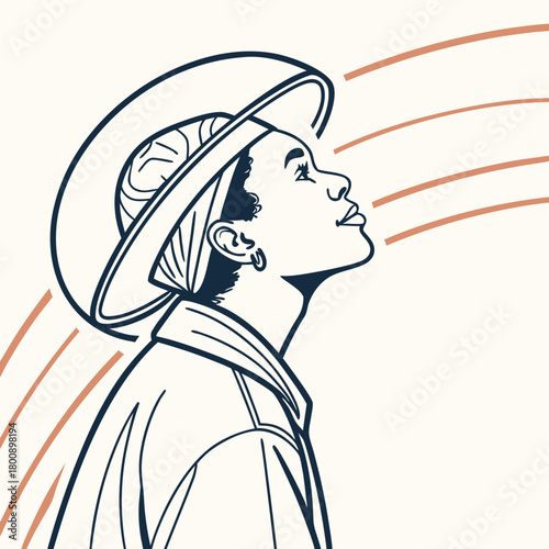 A minimalist line art illustration of a young person with a hat looking up towards the sky, isolated on the artwork has a clean and modern aesthetic