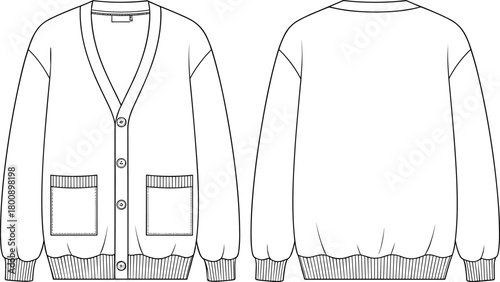 Minimalist cardigan fashion sketch, front and back technical drawing, detailed knitwear illustration, apparel flat template, garment design outline for clothing production