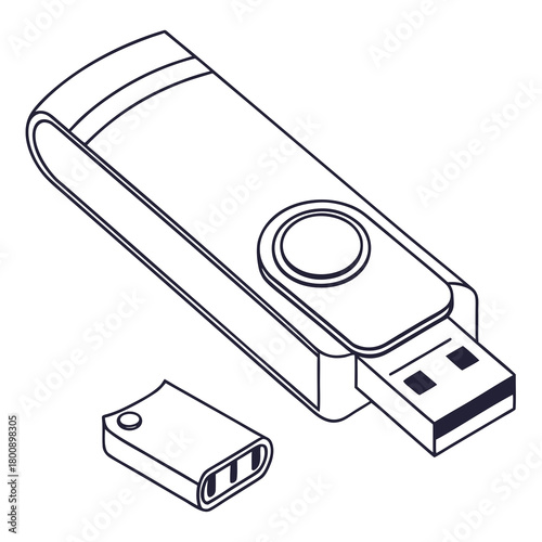 Illustration of a sleek and modern usb flash drive with a removable cap, a portable storage device for transferring and backing up digital files, isolated on