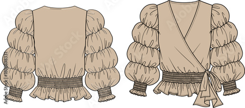 Puff sleeve wrap blouse fashion flat sketch, layered balloon sleeves with ruffled hem, technical garment illustration for apparel designers and sewing patterns