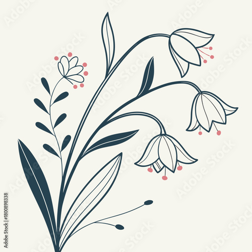 Elegant floral illustration isolated on featuring delicate bellflowers and stylized foliage in a minimalist line art style, creating a serene botanical design