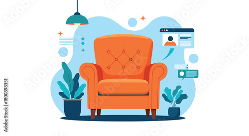 An inviting orange armchair in a bright, modern setting with virtual communication icons and potted plants, ideal for remote work.