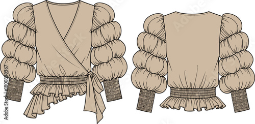 Puff sleeve wrap blouse fashion flat sketch, layered balloon sleeves with ruffled hem, technical garment illustration for trendy clothing design templates