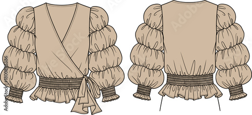Puff sleeve wrap top fashion flat sketch, layered balloon sleeves and ruffled hem, technical garment illustration for apparel designers and sewing patterns