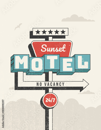 Retro sunset motel sign and road trip element vertical poster with arrow and bold text. Vector illustration in vintage colors and textured 1960s style for print, wall art, branding, social media