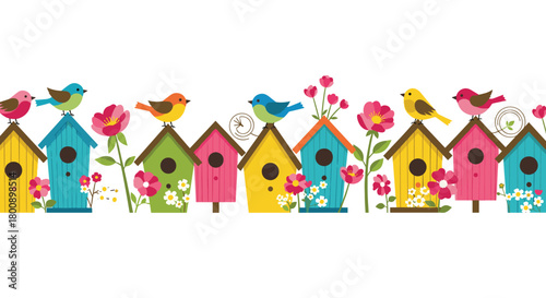 A delightful scene featuring colorful birdhouses, cheerful birds, and blooming flowers, symbolizing spring's arrival and nature's beauty.
