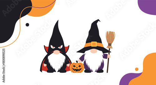 Two adorable Halloween gnomes, one a vampire and the other a witch with a broom, stand next to a carved pumpkin, ready for the spooky season.