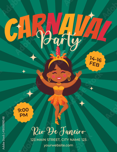 Carnaval Party invitation poster with joyful samba dancer girl. Bright Brazilian vector illustration for music, dance and festive summer celebration