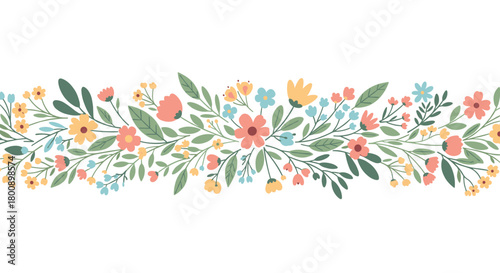 Seamless horizontal floral border pattern with cute colorful spring flowers and green leaves on a white background, perfect for design elements.