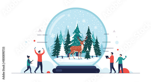 People gather around a large snow globe featuring a peaceful winter forest scene with a majestic deer, celebrating the holiday season.