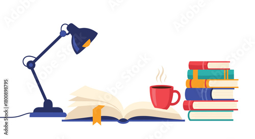 A cozy and inviting reading setup featuring an open book with a bookmark, a steaming mug, a desk lamp, and a stack of colorful books.