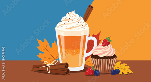 Cozy autumn scene with a pumpkin spice latte, cupcake, cinnamon, berries, and fall leaves, against a blue and orange background.