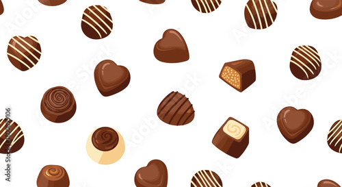 A vibrant and mouth-watering seamless pattern featuring an array of artisan chocolate candies, truffles, and bonbons on a clean white background.