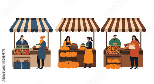 People at a vibrant autumn farmer's market buying and selling fresh, seasonal produce from various stalls, celebrating local harvest.