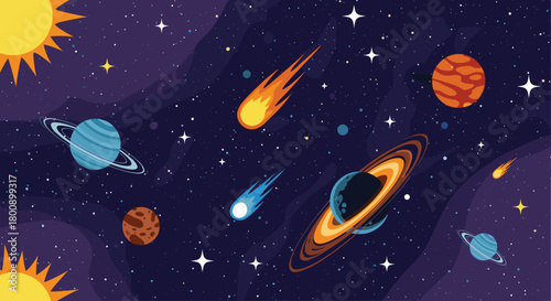 Colorful and playful cartoon illustration depicting a vast outer space filled with diverse planets, bright stars, and shooting comets.