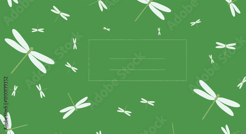 A playful, seamless pattern of white dragonflies on a vibrant green background, featuring a dashed rectangular placeholder.