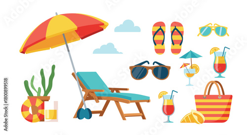 A vibrant collection of summer beach vacation essentials, featuring an umbrella, lounge chair, flip-flops, sunglasses, and refreshing cocktails.
