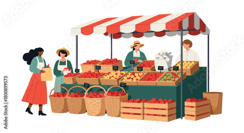 Shoppers and vendors at a lively outdoor farmers' market, showcasing abundant fresh apples and other seasonal produce under a striped canopy.