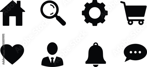 Set of basic web and app user interface icons including home, search, settings, cart, heart, profile, bell, and chat symbols vector illustration.