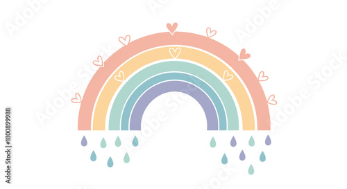 A charming illustration of a pastel rainbow with hearts and gentle raindrops, symbolizing love, hope, and happiness.