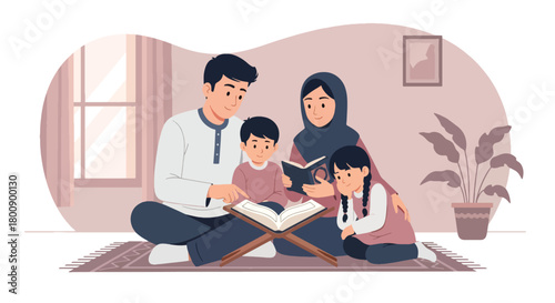 Flat vector illustration of Islamic family reading Quran together at home using traditional book stand. Solid tones, no gradients, spiritual Muslim family lifestyle scene