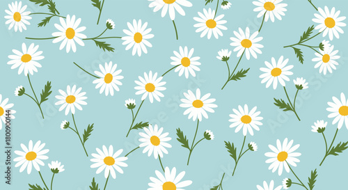 A delightful seamless pattern of white daisy flowers with bright yellow centers and green foliage, scattered on a soft pastel blue background.